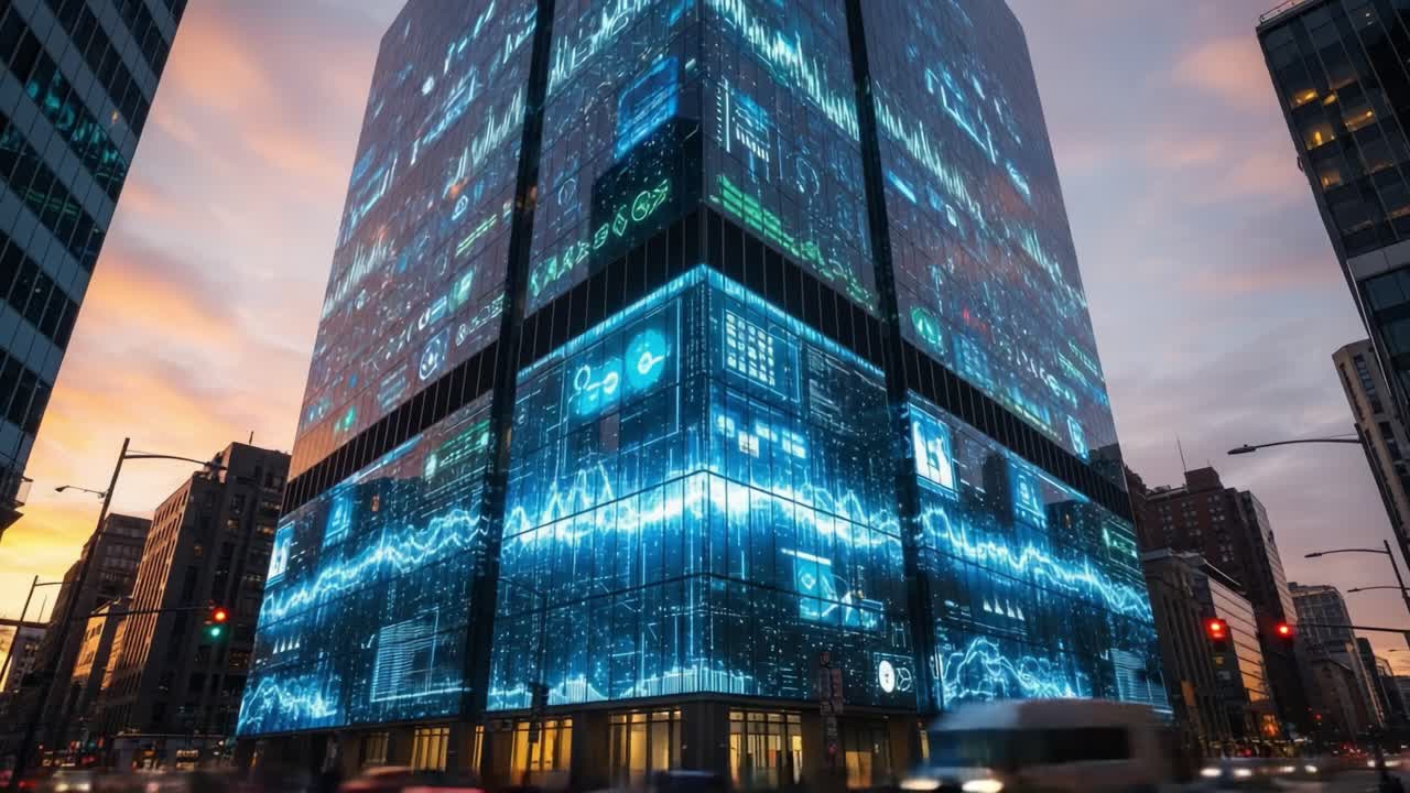 A Stunning Showcase of Data-Driven Art: A Modern Building Illuminated with Dynamic Digital Projections and Vibrant Visualizations at Sunset in an Urban Landscape