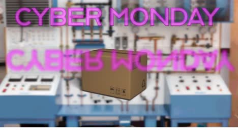 Neonpinkes-Cyber-Monday-Textbanner-über-Der-Lieferbox,-Die-Gegen-Die-Fabrik-Fällt
