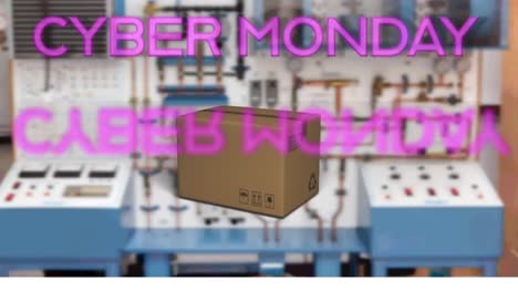 neón rosa cyber lunes banner de texto sobre la caja de entrega cayendo contra la fábrica