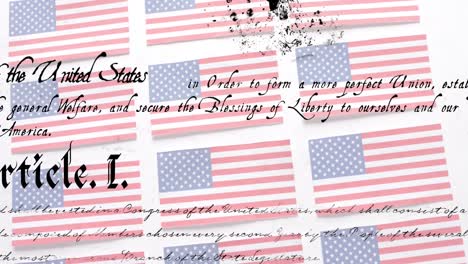 animation of constitution text over flags of united states of america on white background