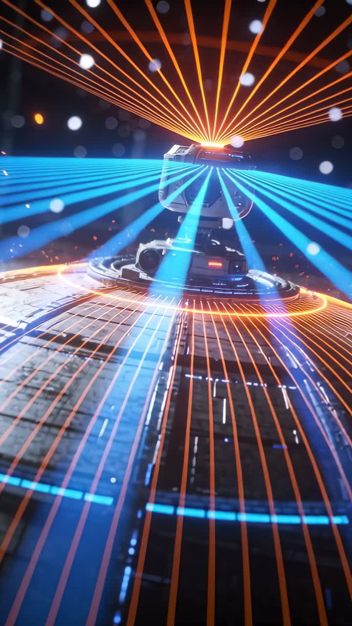 Video verticale: Dispositivo hover che si accende sul ponte sparando raggi blu che pulsano anelli ambra come scansione spaziale.