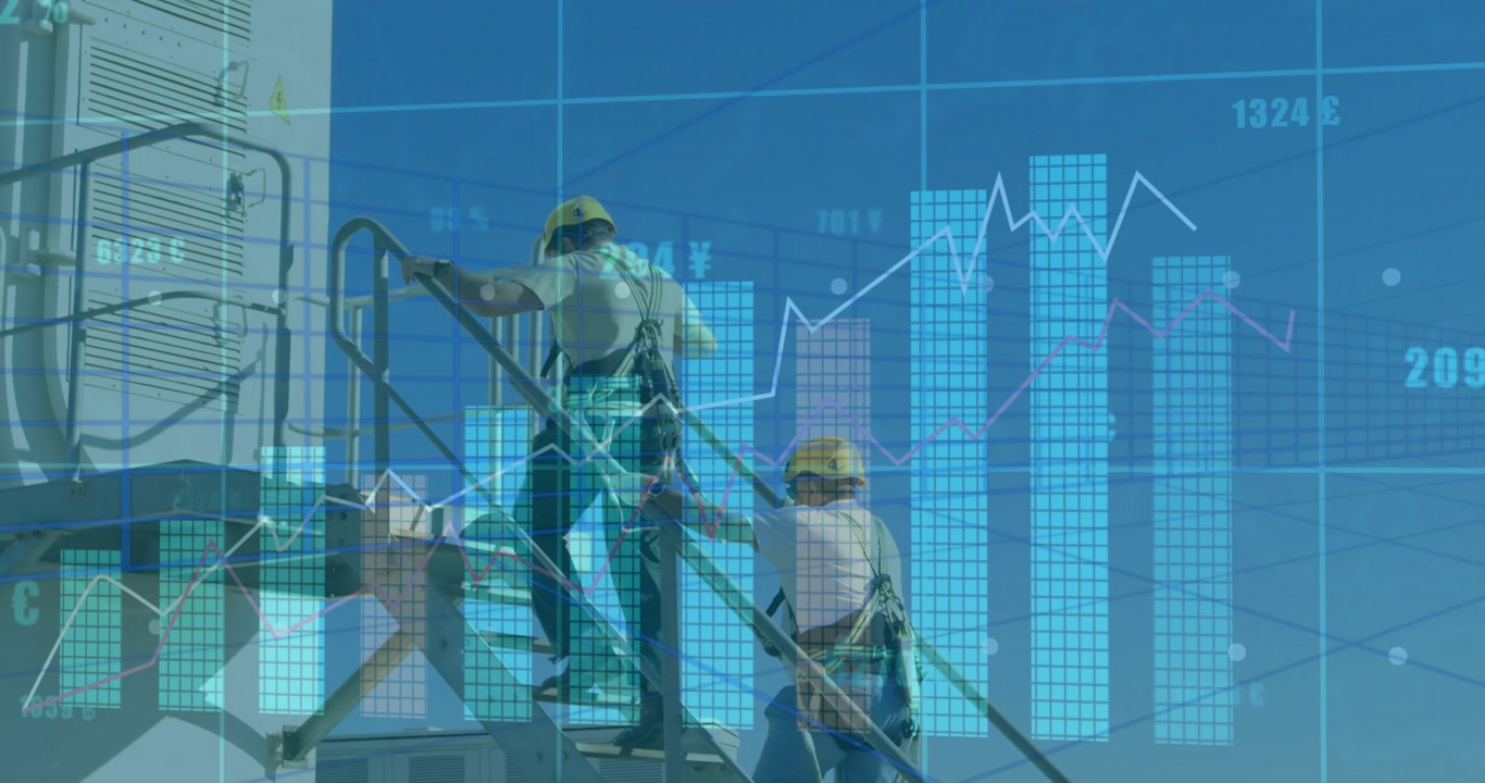 Two workers securing gear at industrial unit climbing staircase while activating data overlays