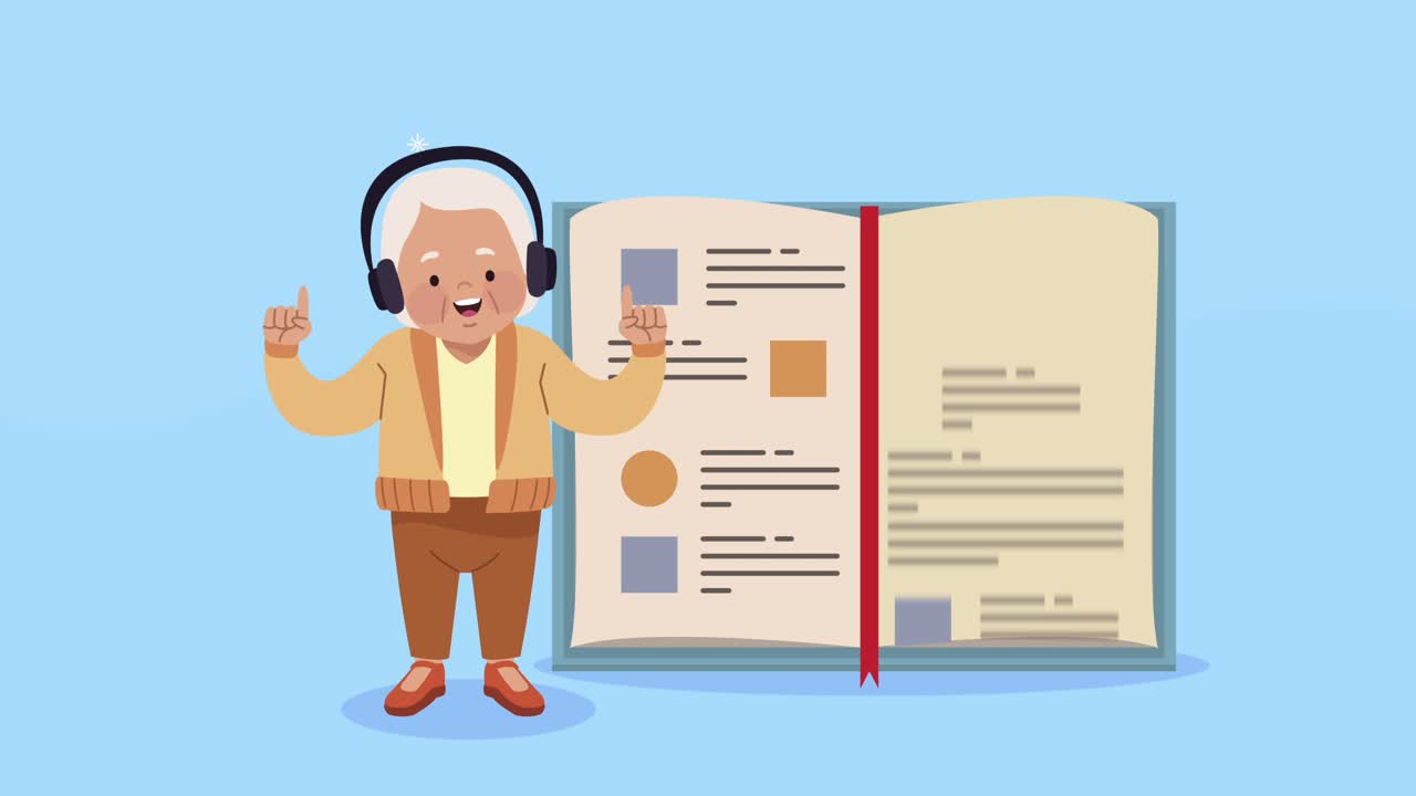 anciana estudiando con auriculares y animación de libros