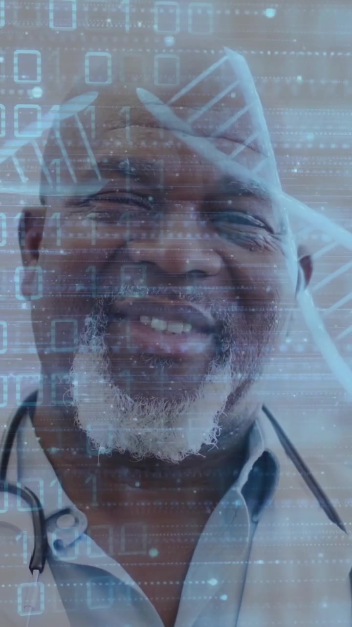 Animazione di elaborazione dati e filamenti di DNA su un medico afroamericano che lavora in ospedale