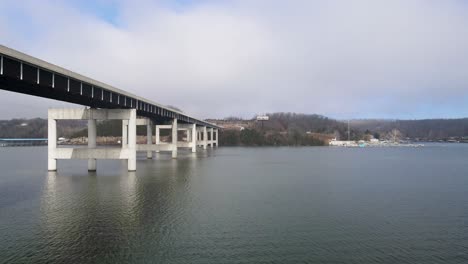 aerial of community toll bridge crossing the ozarks lake in missouri