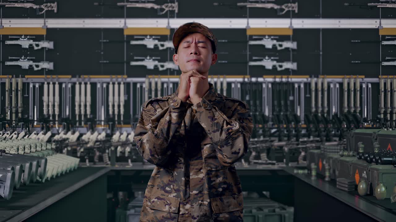 Uomo asiatico in uniforme da soldato dell'esercito che prega in un arsenale militare