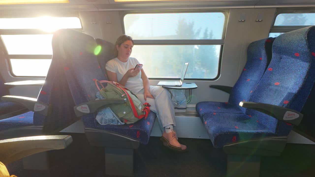 Young Woman Traveling Solo on a Sunlit Train Journey