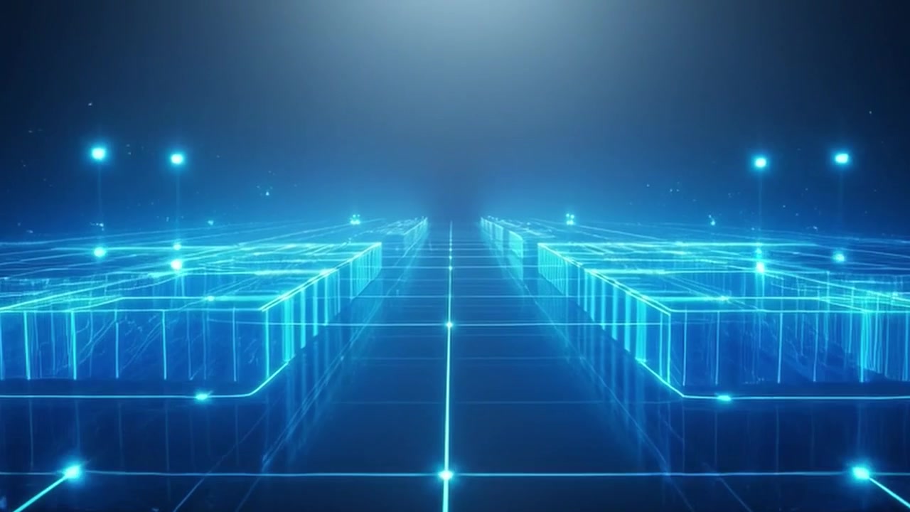 Abstract Digital Grid with Glowing Blue Geometric Structures