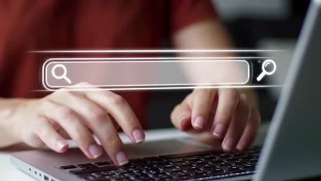 person using a laptop with a virtual search bar to find online content