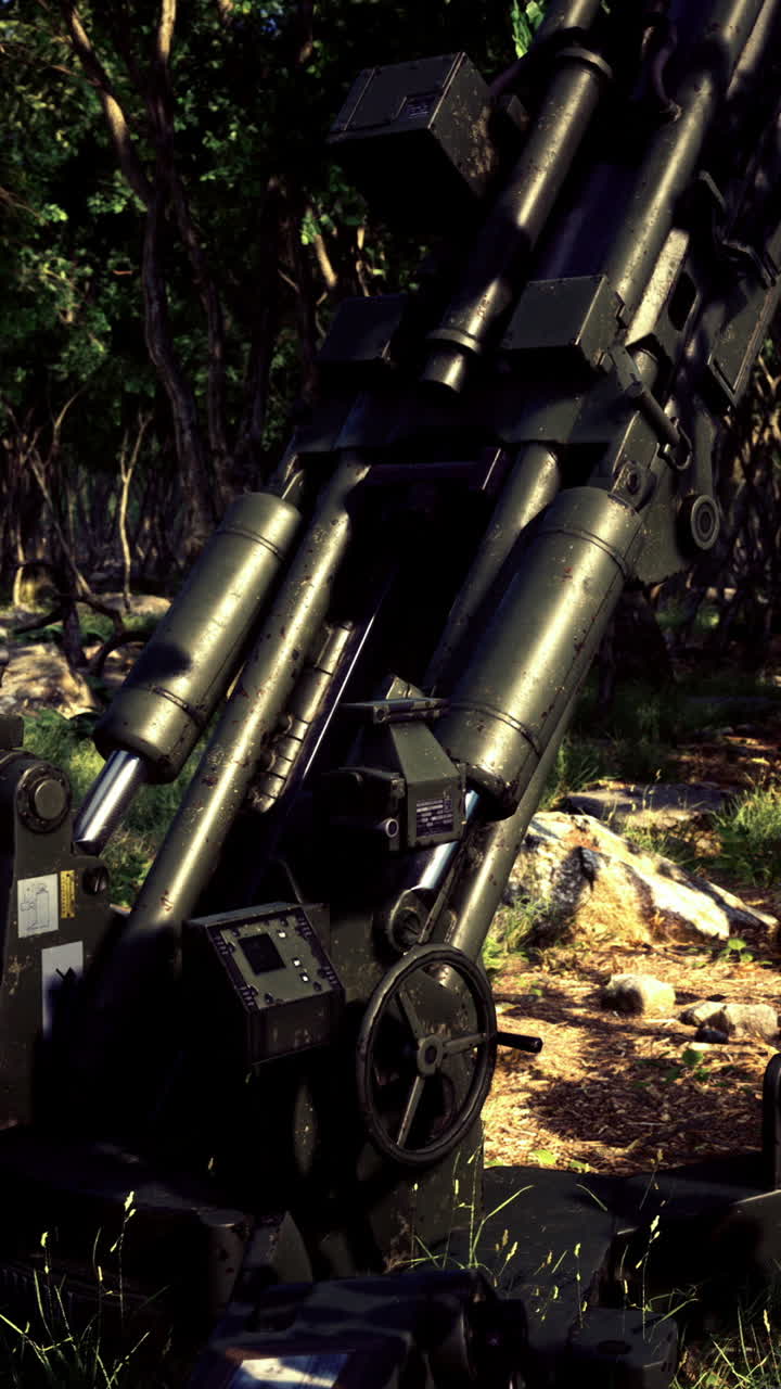 Military artillery positioned in a lush forest landscape at dusk
