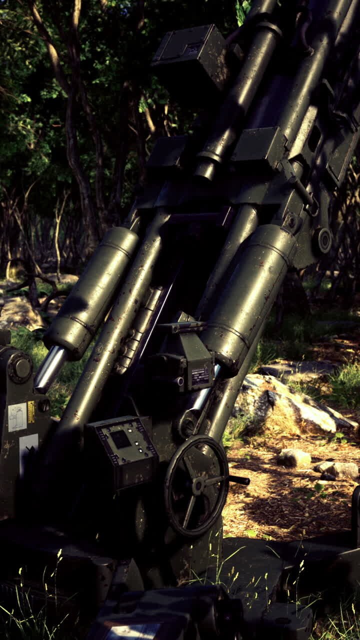 Military artillery positioned in a lush forest landscape at dusk