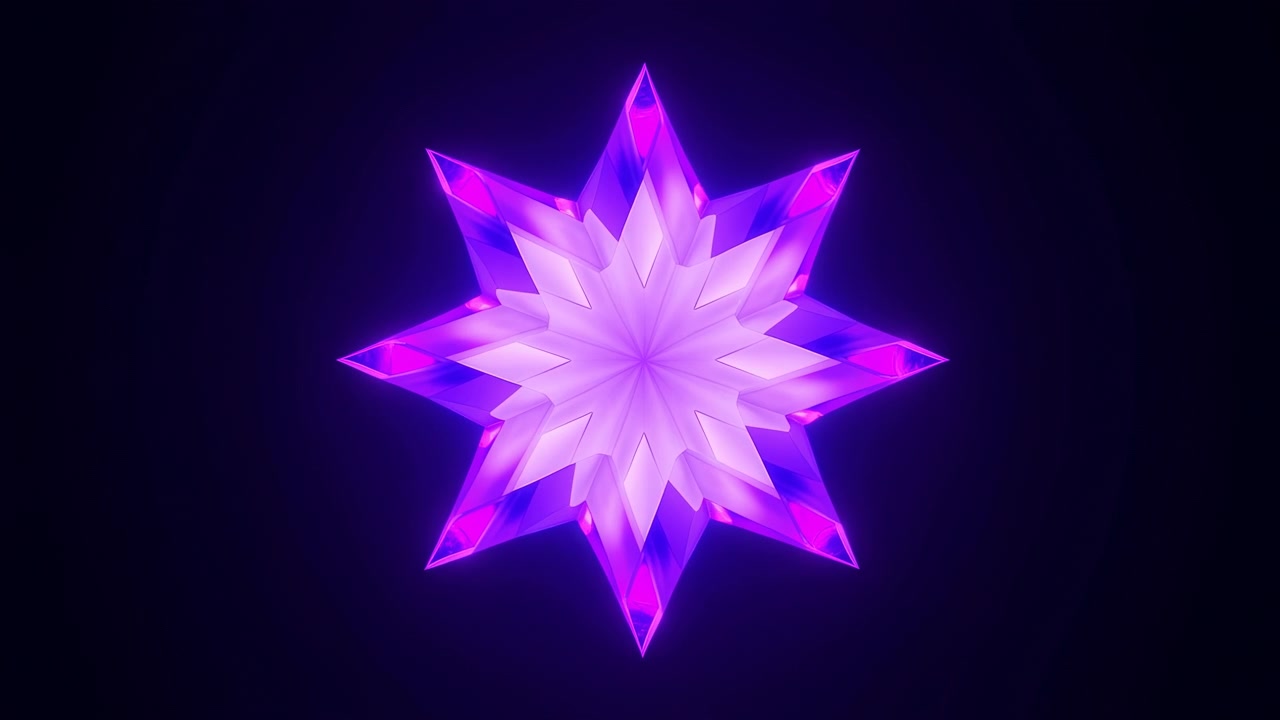 Una stella cristallina a otto punte brilla e pulsa con luce magenta neon e viola contro uno sfondo sfumato scuro, passando da un nucleo lavanda tenue a punte vivide e radiose con riflessi sfaccettati.