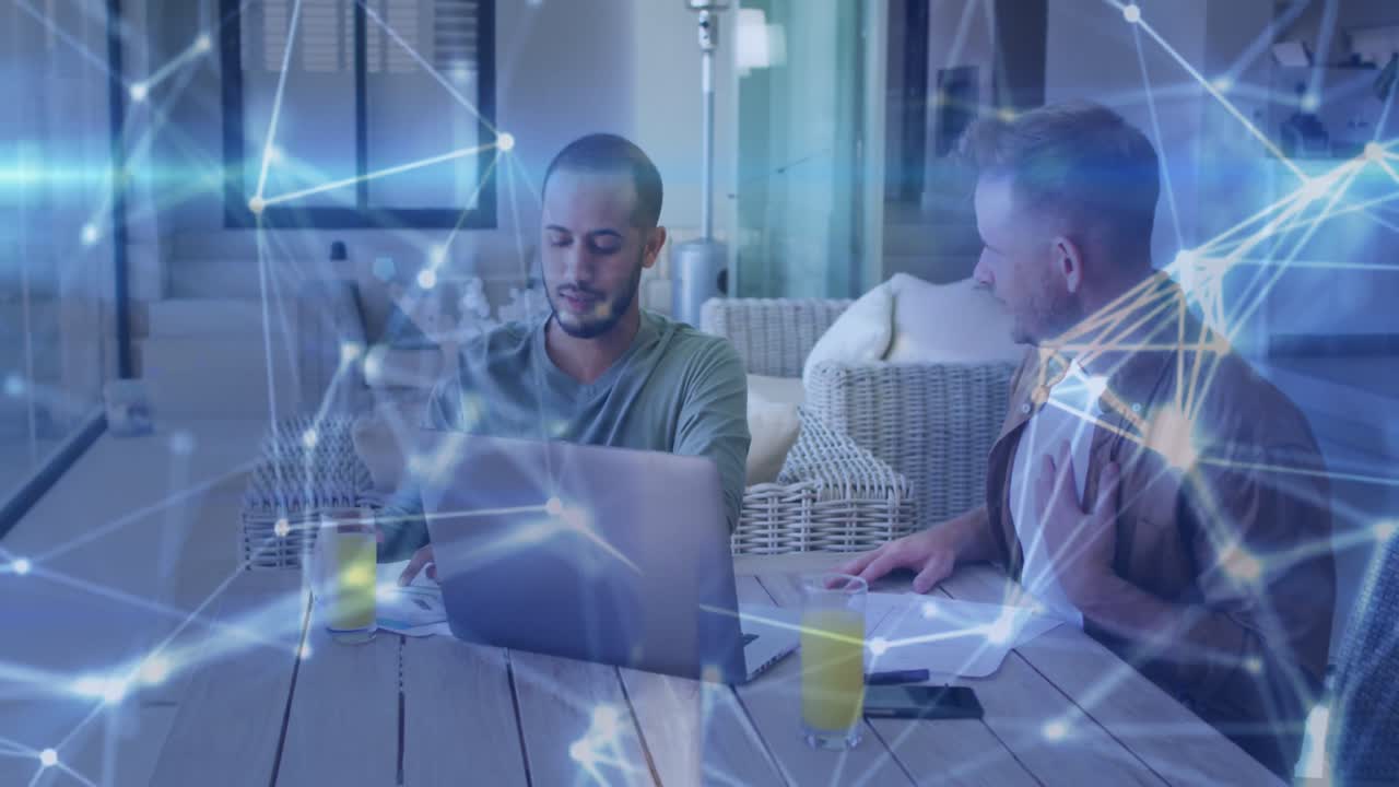 Animation of network of connections over diverse men using laptop