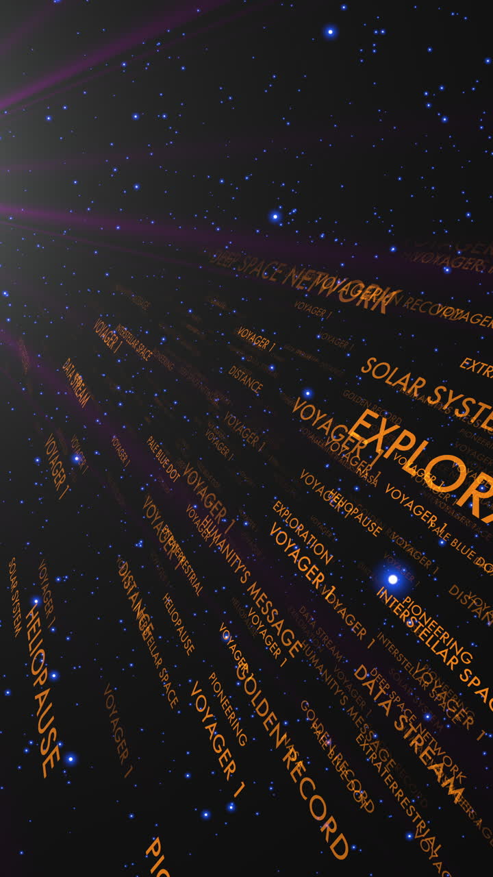 Futuristic data stream animation depicting Voyager 1's interstellar path. Suitable for space technology, astronomy research and science media