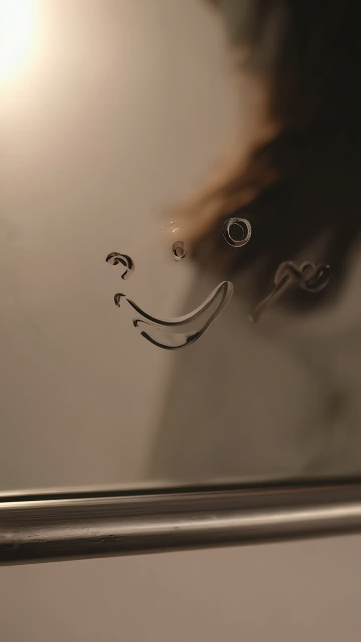 Donna che disegna una faccina sorridente su uno specchio del bagno