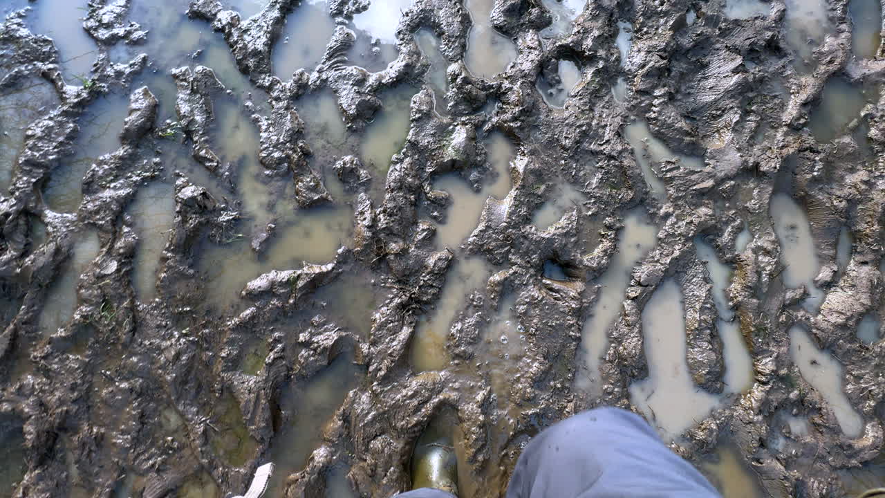 Vista dall'alto sui piedi di un uomo che indossa stivali di gomma che cammina attraverso fango molto bagnato dopo una tempesta di pioggia invernale, Warwickshire, Inghilterra.