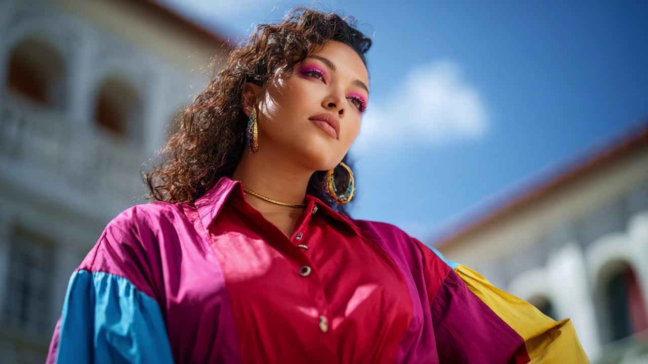 Un ritratto vivace di una giovane donna alla moda con uno styling colorato e un trucco sorprendente su uno sfondo blu cielo luminoso e un'elegante architettura di sfondo