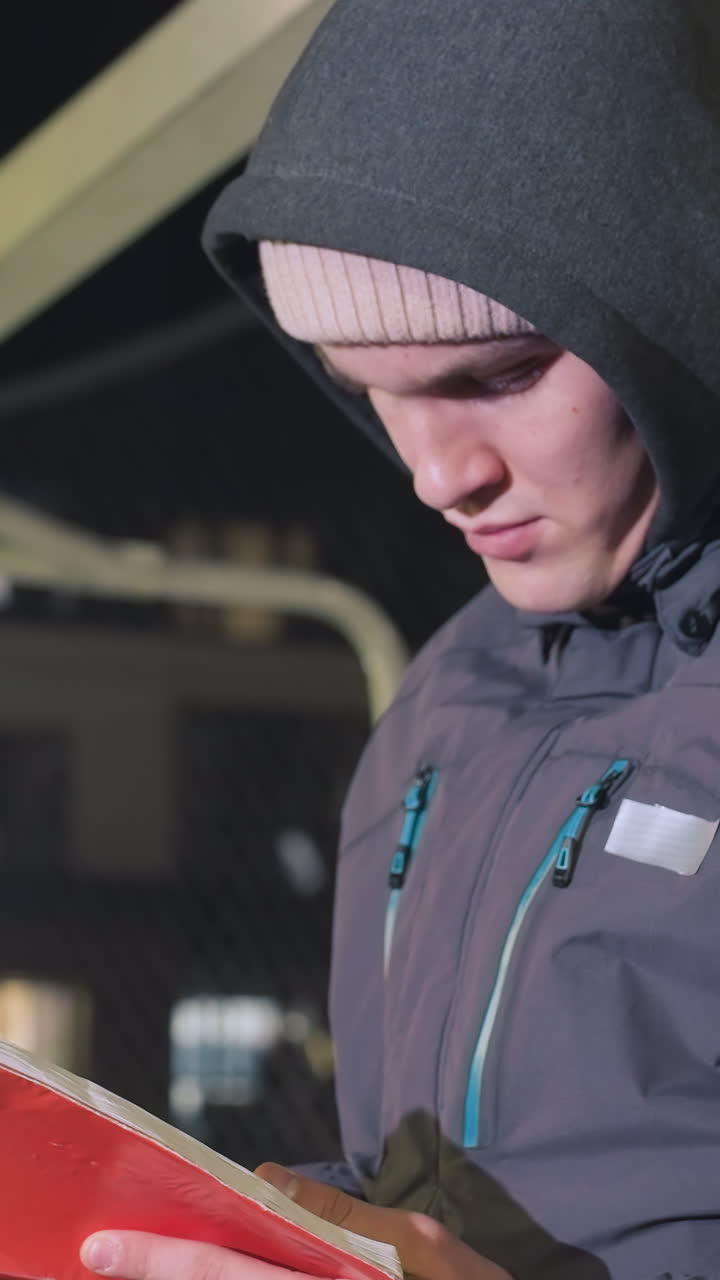 estudiante en chaqueta y gorra apoyado contra el poste de meta metálico centrado en la lectura de libros al aire libre por la noche bajo las luces de las calles de la ciudad urbana, momento pacífico de lectura en un entorno urbano