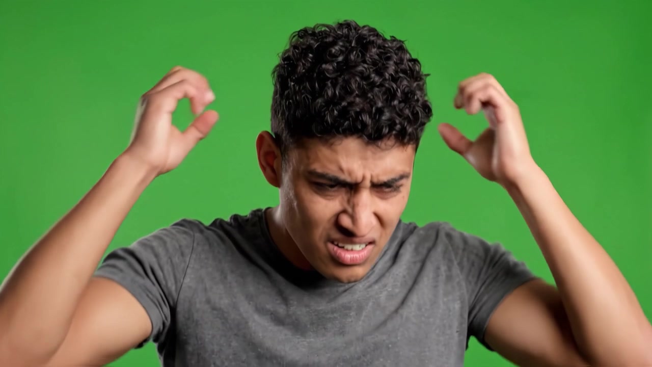 A Young Man's Emotional Journey Captured: From Confusion to Despair in a Green Screen Setting.