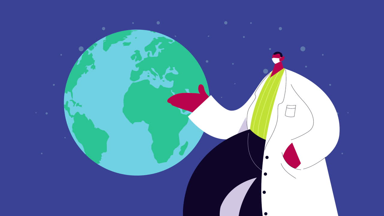 코로나19에 대한 의료 마스크를 착용한 의사와 지구 행성