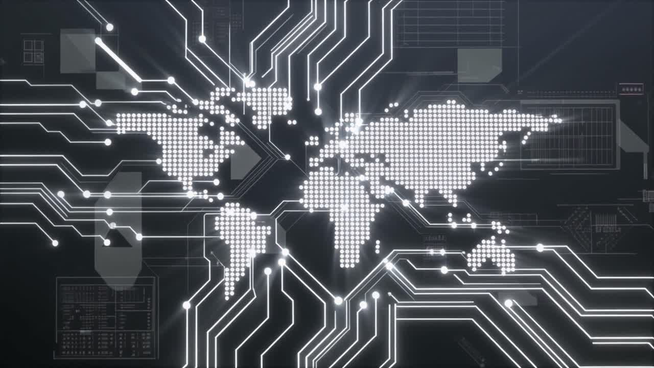 Animated World Map with Glowing Circuit Lines and Data Flow