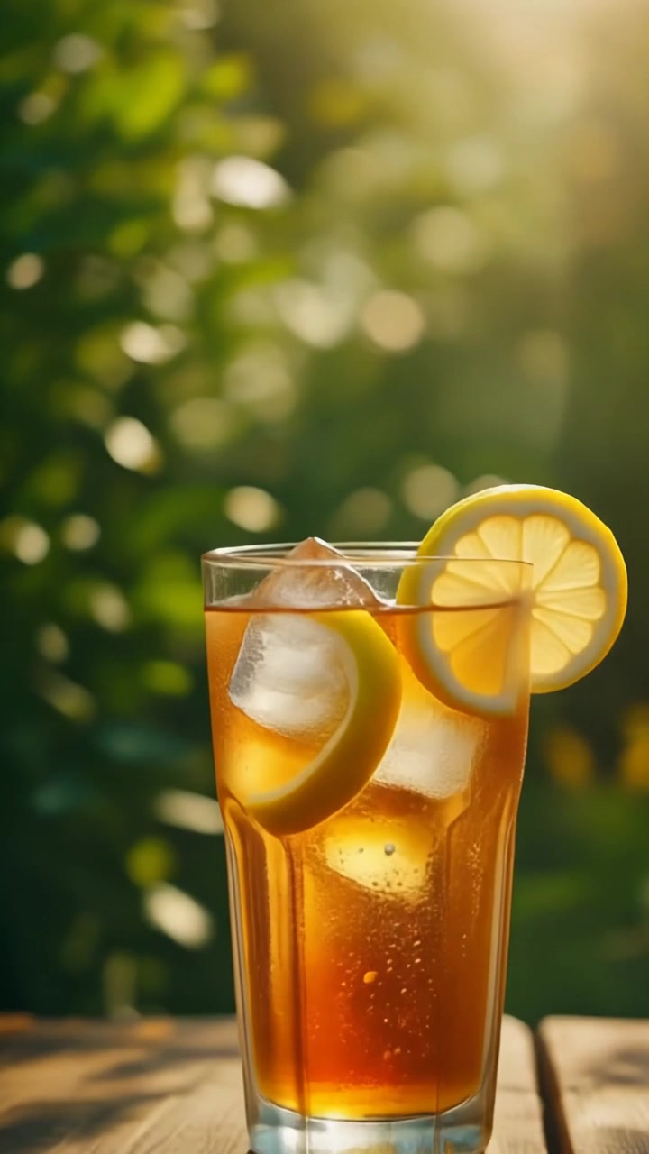Bicchiere di tè freddo con fetta di limone all'aperto al sole