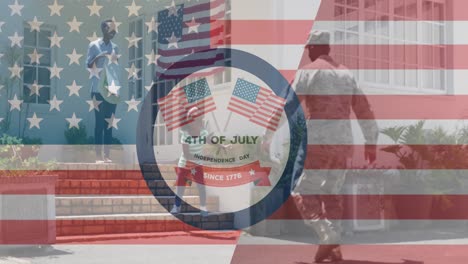 Independence-day-text-banner-against-african-american-soldier-in-uniform-hugging-his-daughter