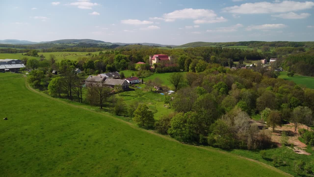 Aerial view of the female Castle. Czech castle on top of the hill. Divci Hrad, Czech Republic 4K