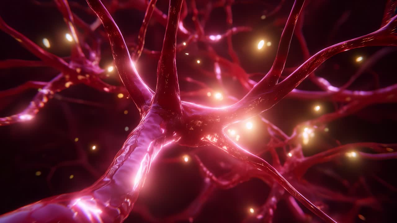Close-up Visualization of Neurons with Illuminated Connections in a Vibrant Microscopic Environment Representing Complex Neuroanatomy and Neural Activity