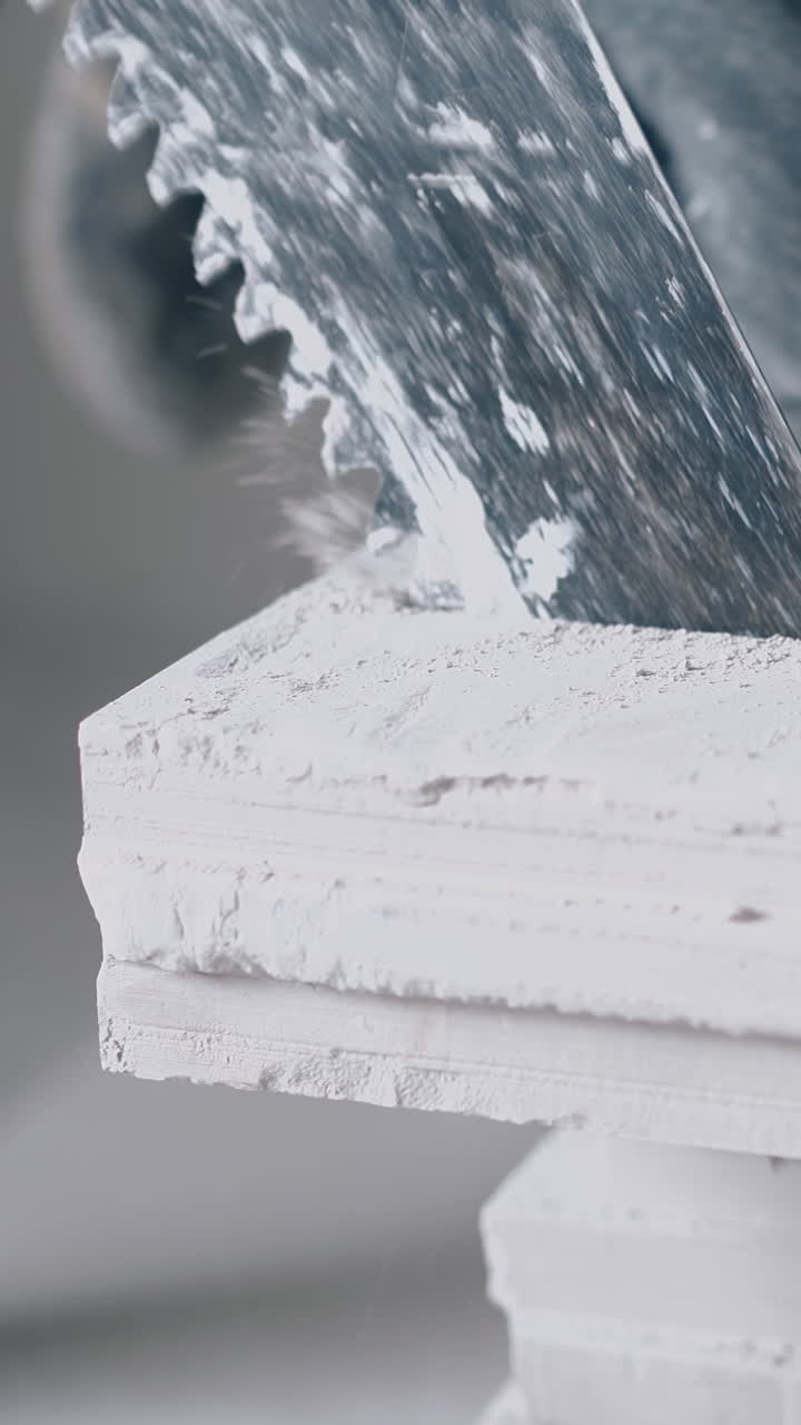 professional painter in gloves saws white gypsum plasterboard fast and takes cut part close view