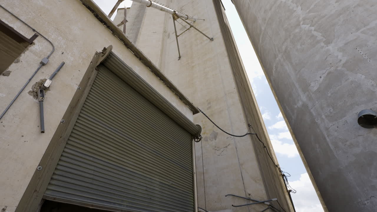 Exterior view of a grain elevator and storage facility