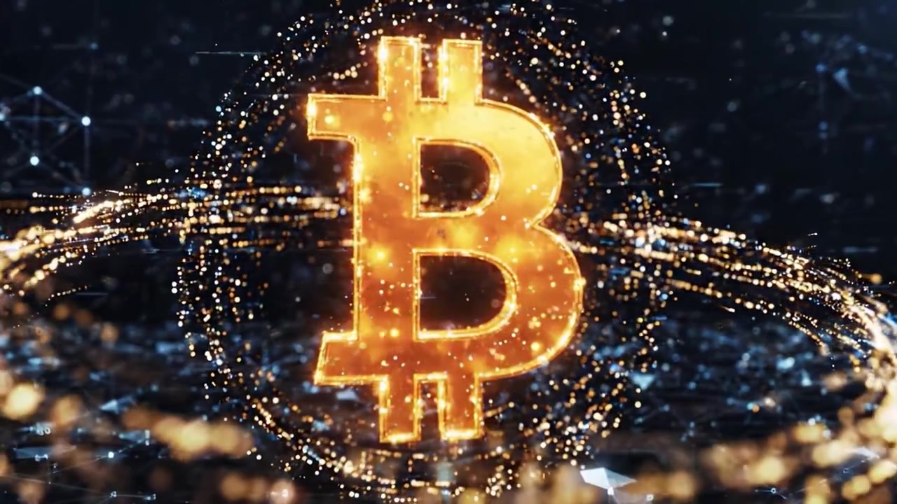 A Stunning Visual Representation of Bitcoin: The Cryptocurrency Symbol Illuminated in a Network of Digital Connectivity and Sparkling Particles