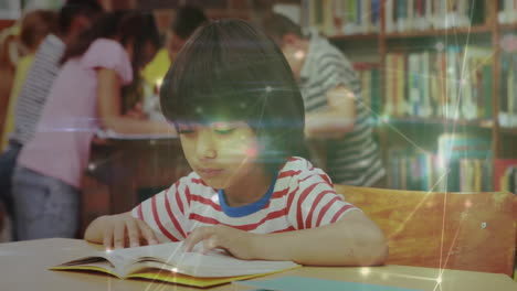children studying around table in school library, showing digital overlay linking book data