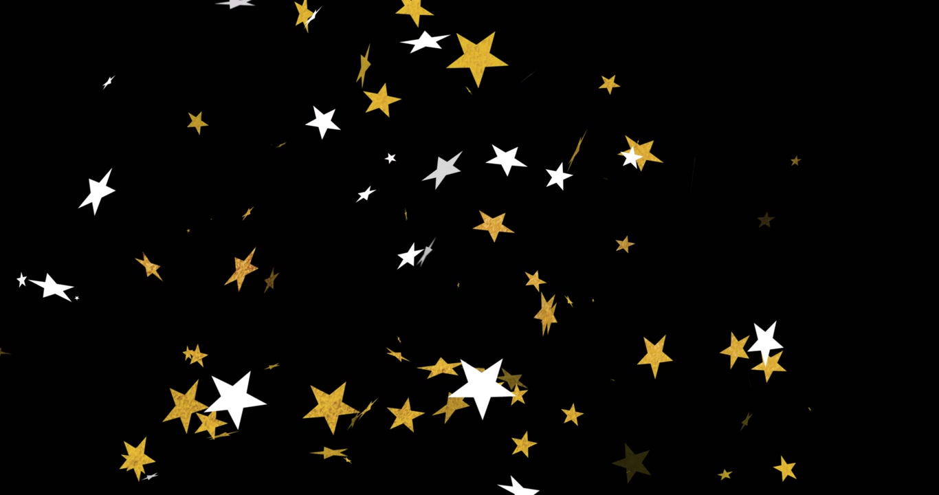 New gold and white stars appearing at center rotating and spiraling outward to form confetti vortex