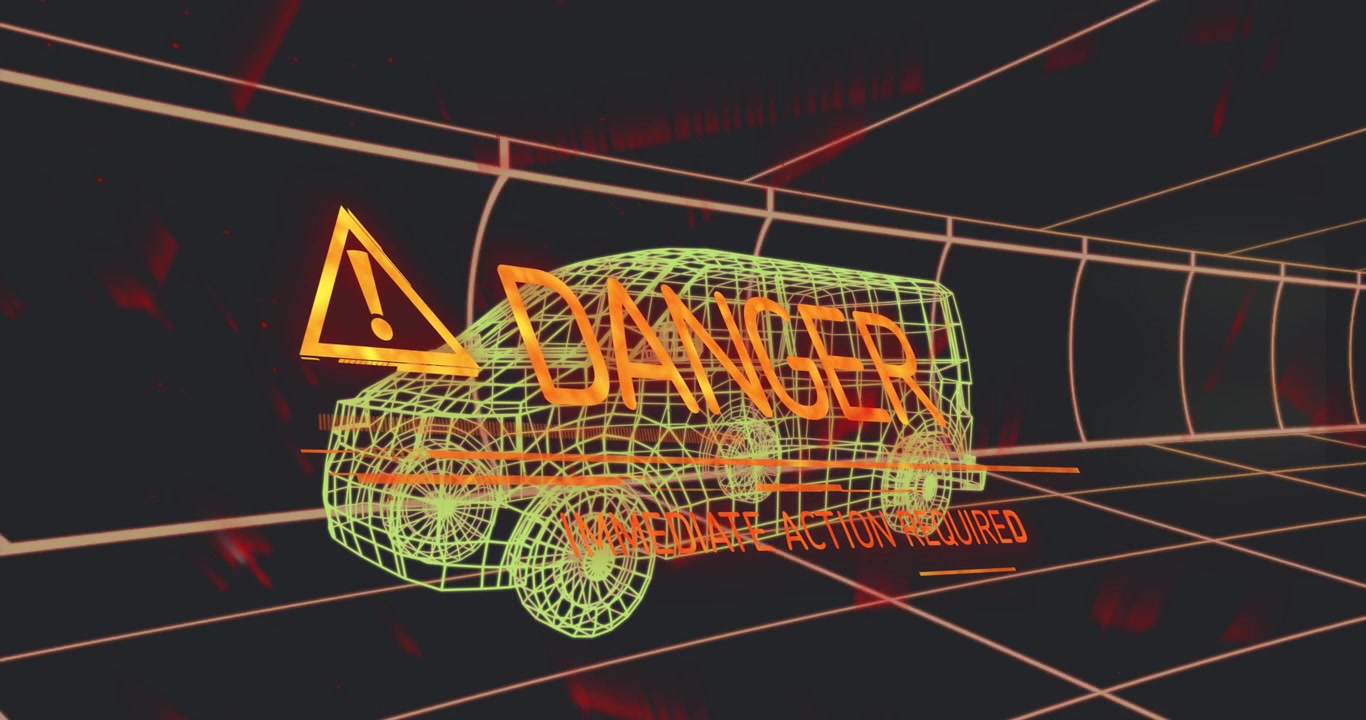 Wireframe van in gridline tunnel, warning icon fading then DANGER text animating for urgent action