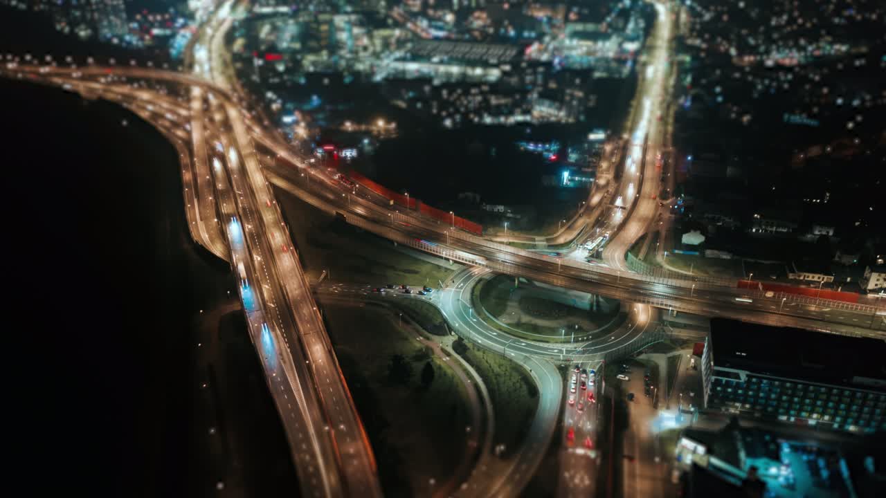 drone time lapse hyperlapse tráfico de automóviles rotonda de intercambio de carretera por la noche, vista superior de la intersección de la autopista por la noche. sobrevuelo del paisaje urbano conduciendo en una encrucijada ocupada, efecto borrón de desplazamiento de inclinación