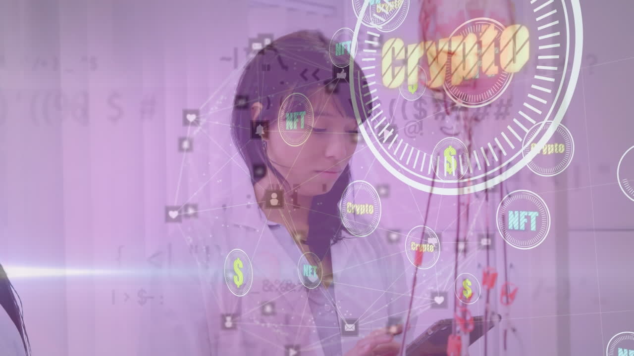 animación de la red de conexiones a través de una doctora biracial usando una tableta.