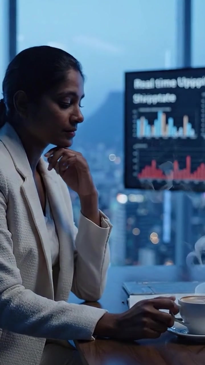 Business Professional Analyzing Real-Time Data on a Monitor with Cityscape Background, Emphasizing Insights and Trends for Decision Making in Modern Workspace