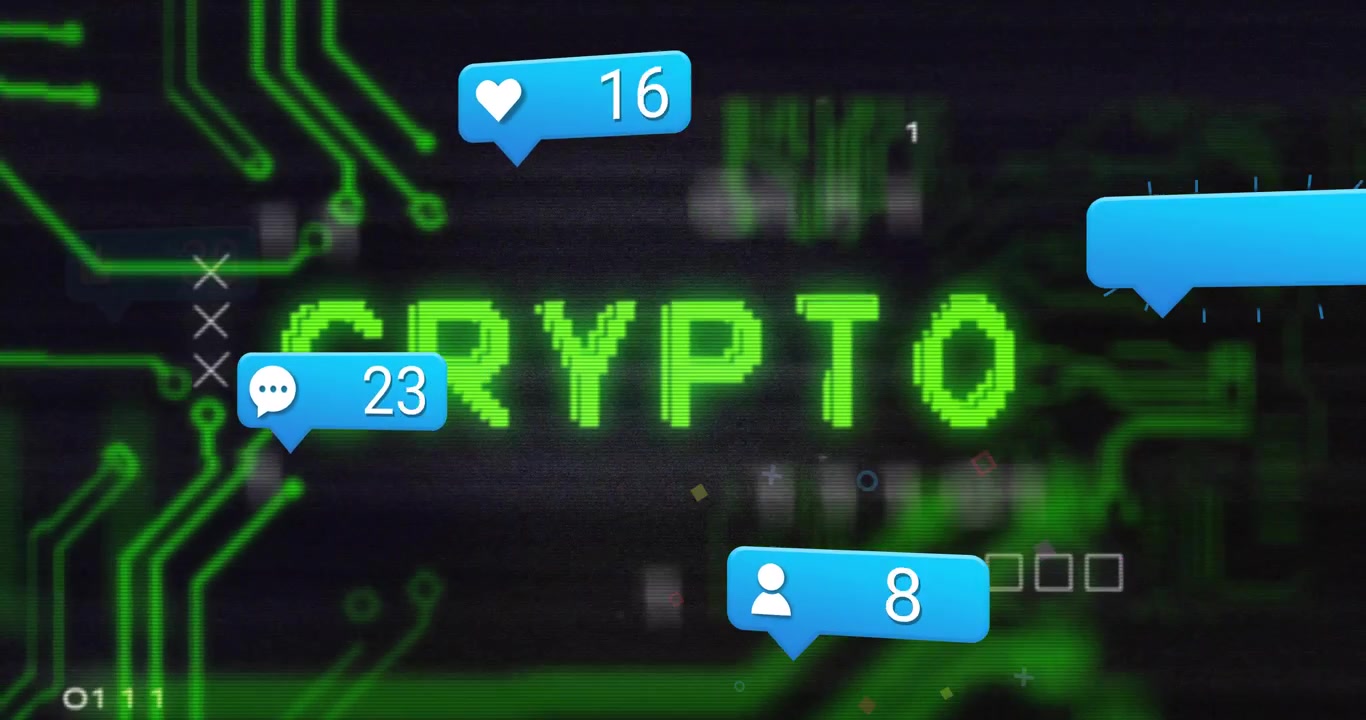 Glitch lines flickering, traces dancing, letters forming CRYPTO, icons updating engagement counts