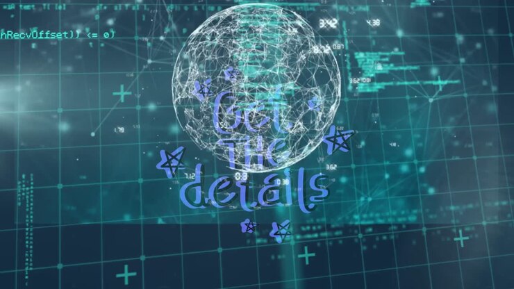 Get the details text banner with star icons against screens with data processing on blue background