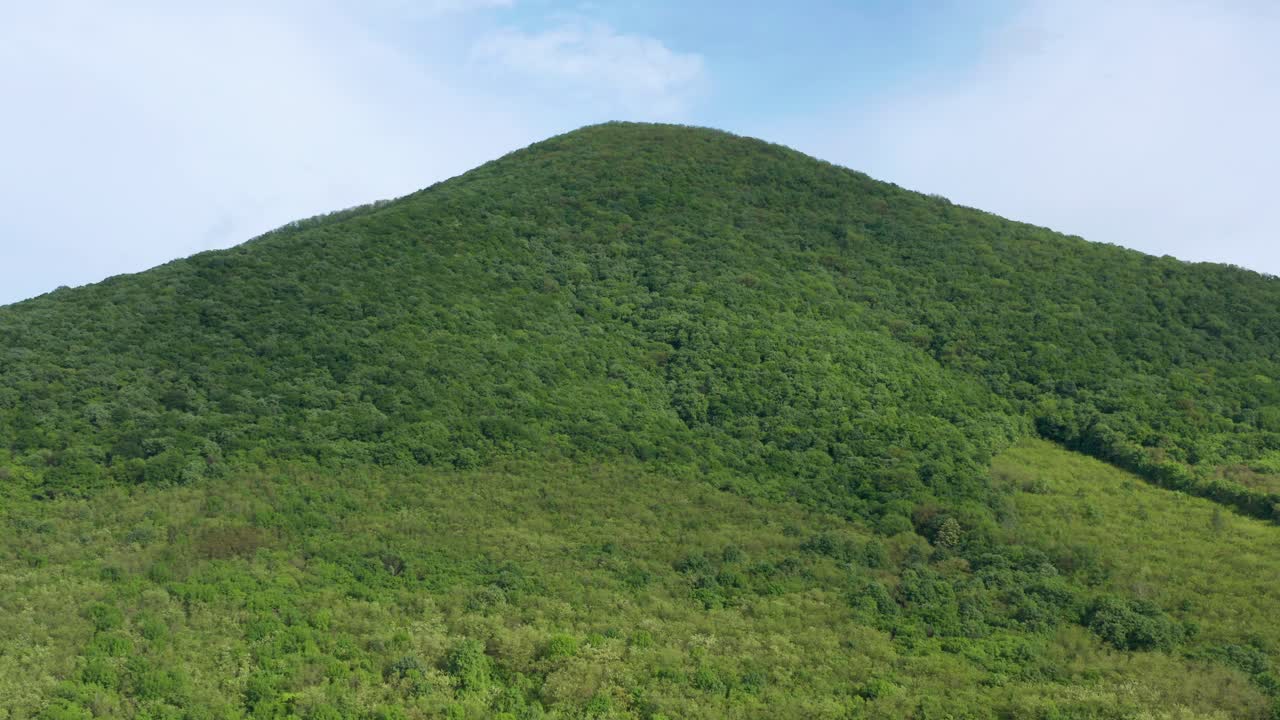 toma aérea lenta dando vueltas alrededor de una montaña cubierta de bosque por la tarde