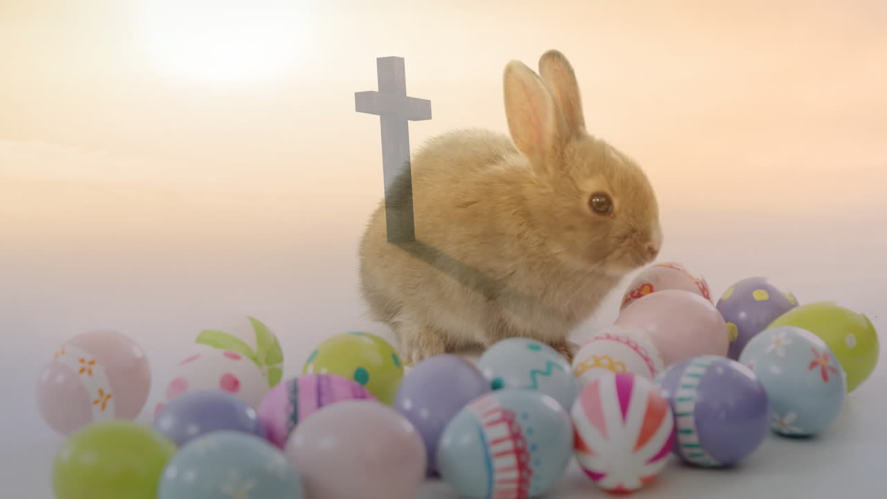 Among colorful Easter eggs, rabbit sitting with cross shadow in background animation