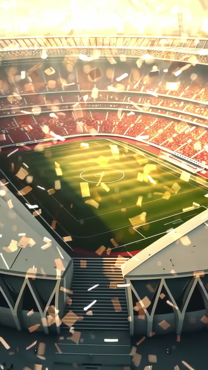Vertical video: Drifting golden confetti filling football stadium with red seating and green pitch