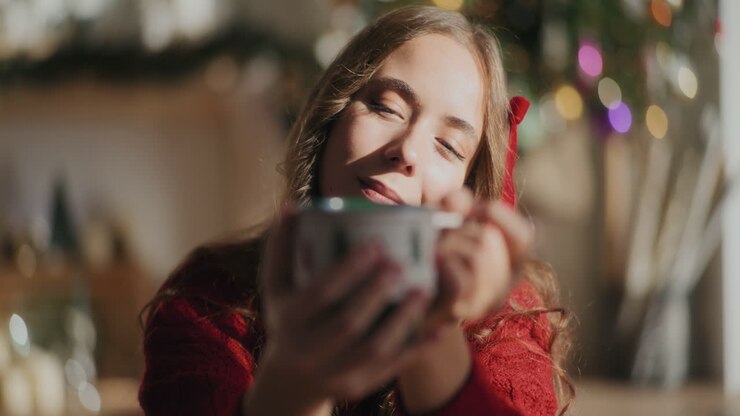 Thoughtful woman holding coffee cup in home during Christmas