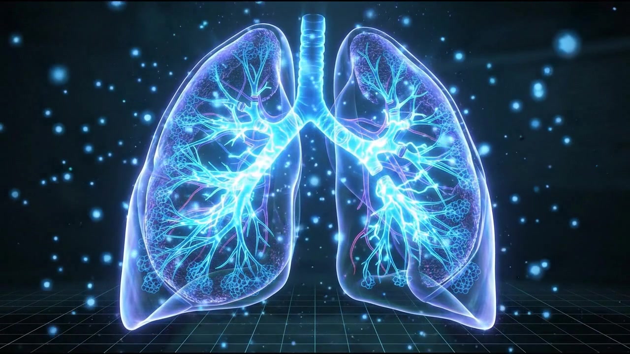 Futuristic human lungs scan respiratory system HUD visualization