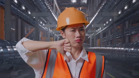 close up of asian female engineer with safety helmet showing thumbs down gesture and shaking her head while standing with metal pipes