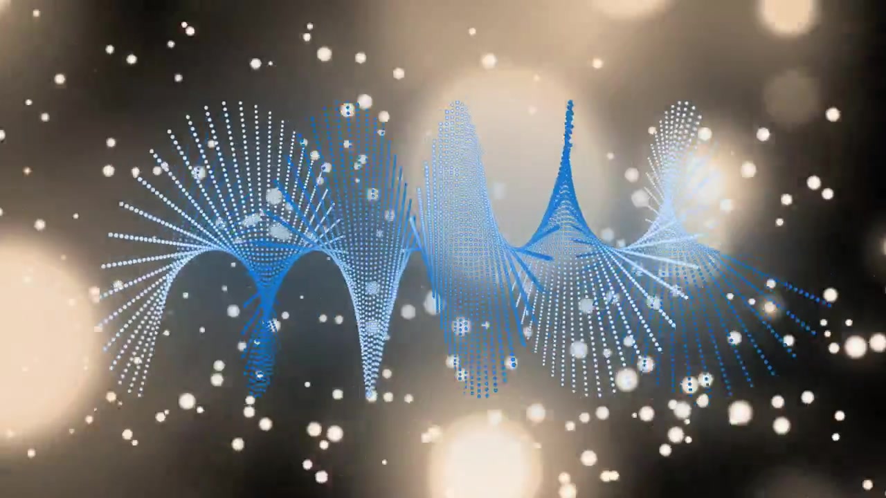 暖かみのあるベージュのボケから青い点線の波形が形成され、粒子が集まってテクノロジーのために拡大していく。