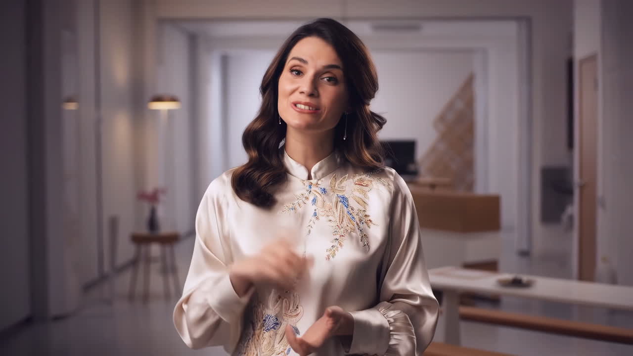A woman smiling and gesturing in a modern indoor setting