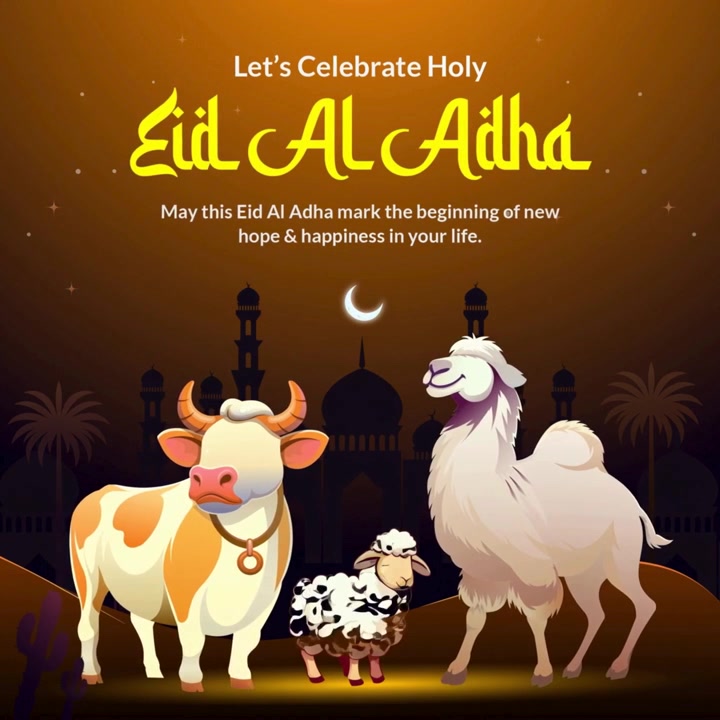 Animazione banner di auguri per il Santo Eid al-Adha con mucca, pecora, cammello e sfondo di moschea