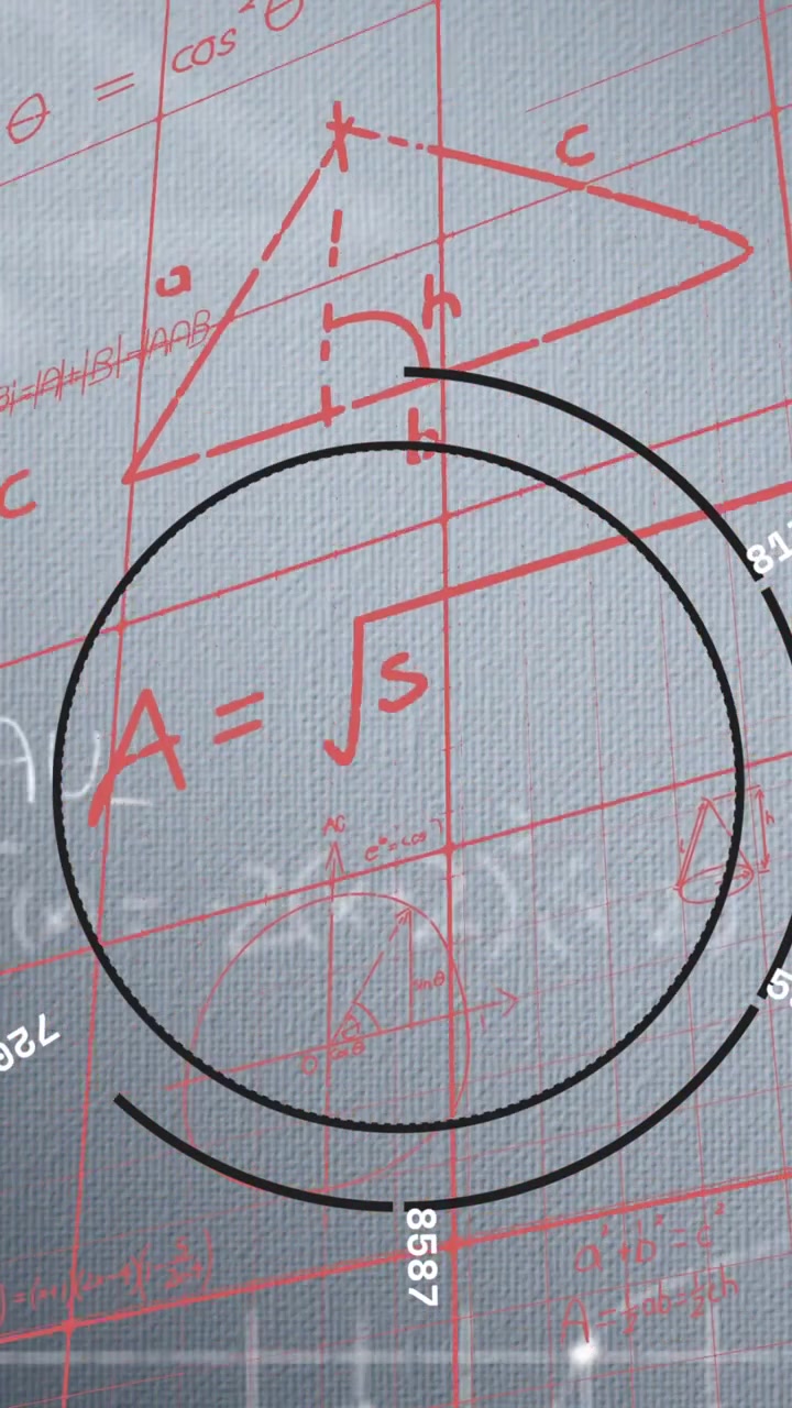 Animazione della scansione di un mirino su equazioni matematiche su sfondo grigio
